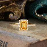 1 Carat Emerald Cut Classic Halo Citrine Wedding Ring with Pave Band